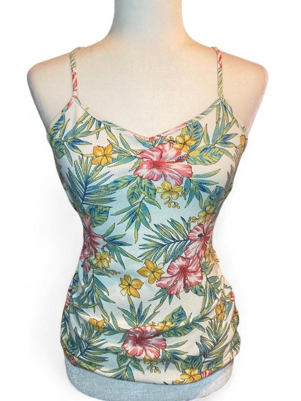 No Boundaries Arctic White Tropical Print Tee with Blue & Yellow Accents